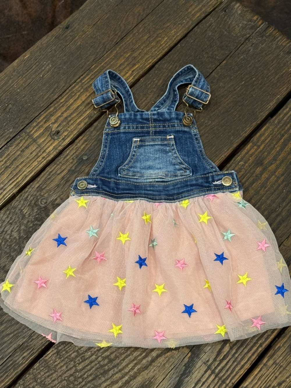 Baby Girls Denim Overall Tulle Dress with Star Appliqués - Pink Size 18M